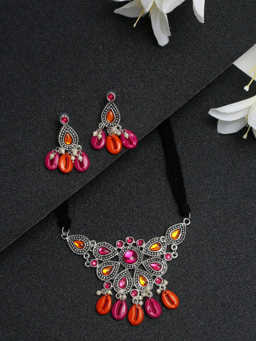 YouBella Jewellery Oxidised Silver Necklace Jewellery Set with Earrings for Girls and Women (Multi) (YBNK_50520)